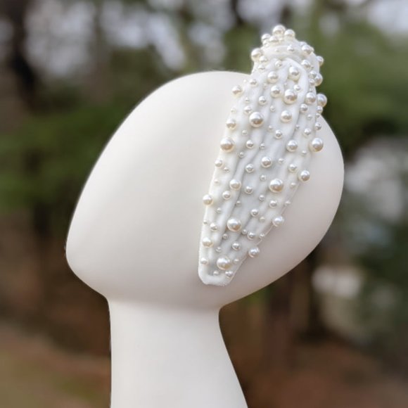 Ivory Pearl Knot Velvet Headband Pearl Beads Handmade Knotted Turban Maximalist main image 7
